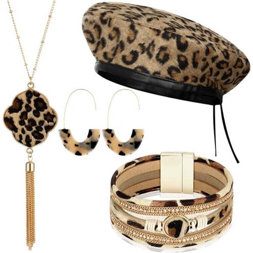 Chic Leopard Print Beret and Jewelry Set French Beret Earrings Bracelet Necklace